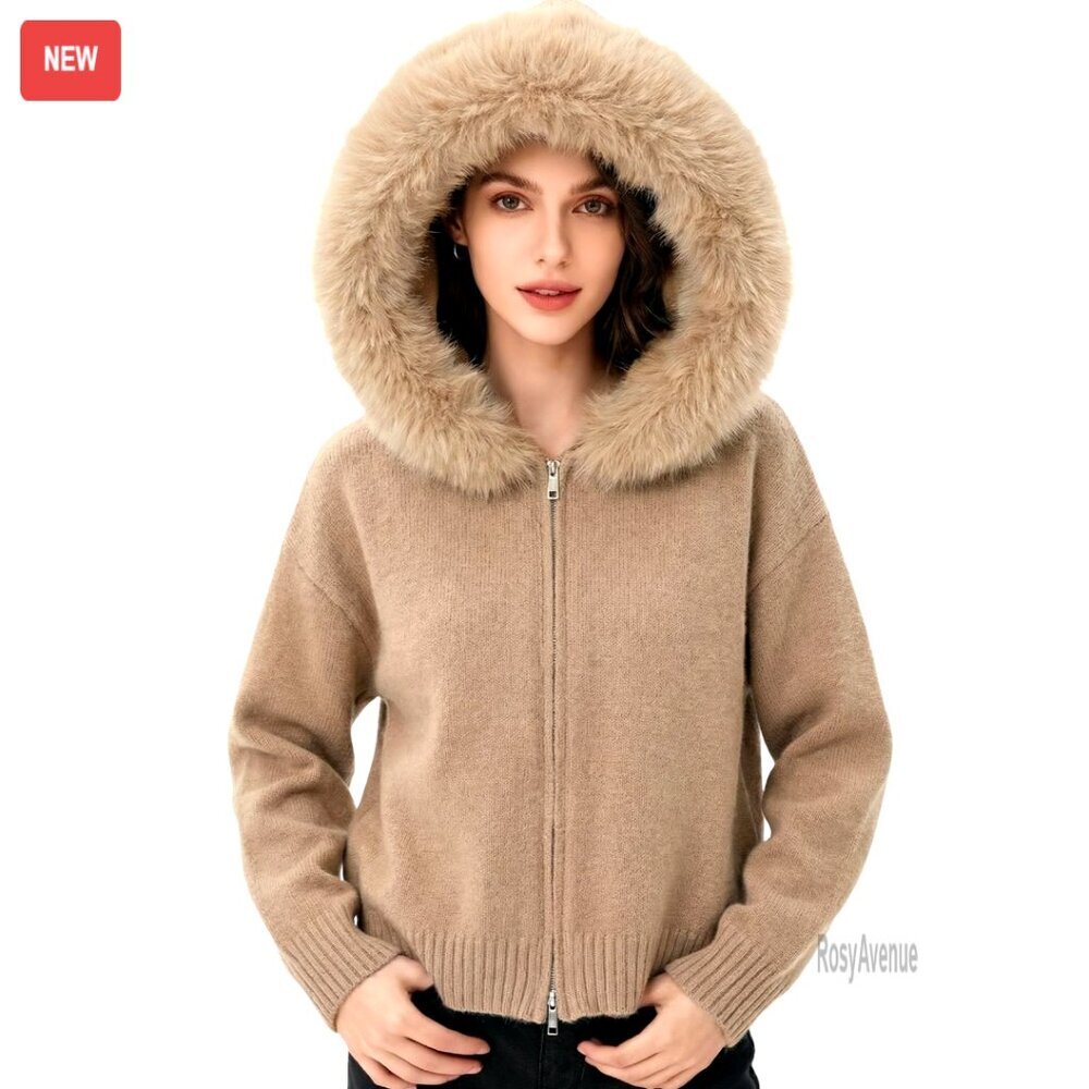 Faux Fur Hooded Cardigan Sweater Women Open Front Zip Chunky Knit